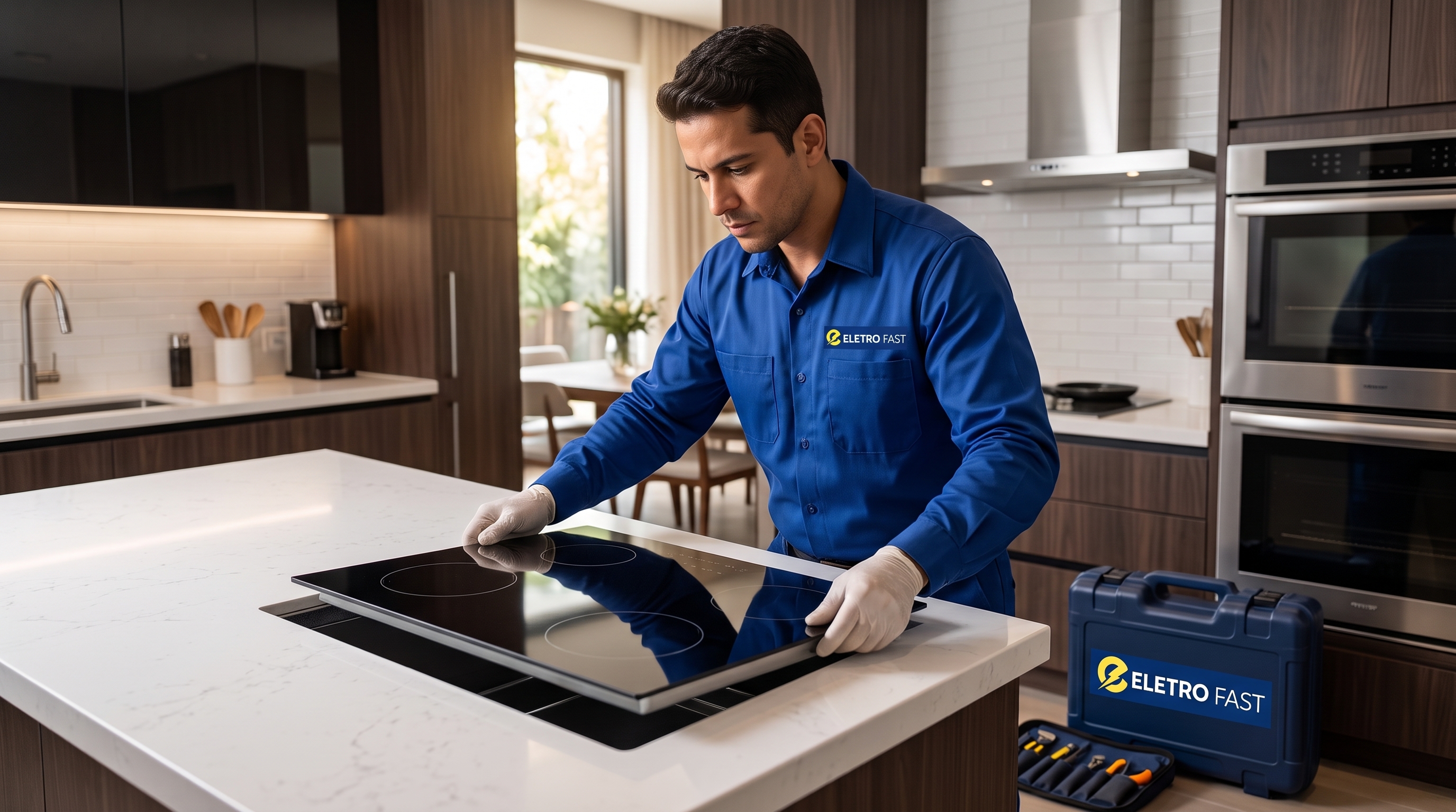 Técnico Eletro Fast avaliando queimador de cooktop em cozinha planejada