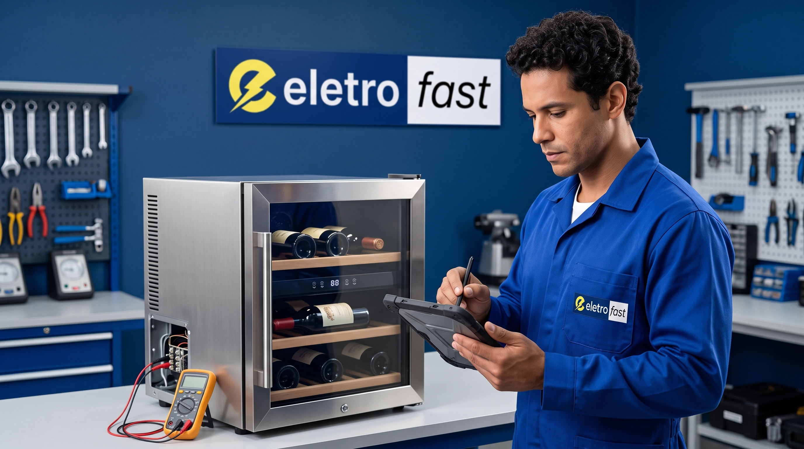Técnico Eletro Fast avaliando adega climatizada com multímetro